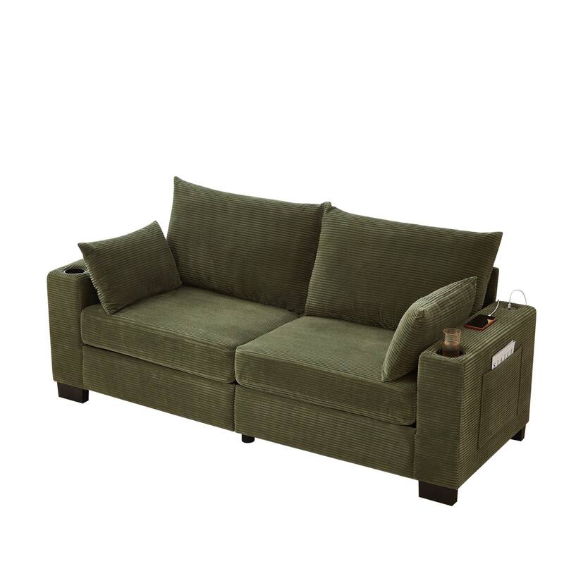 78" Corduroy 3-Seater Sofa with USB Ports, Cup Holders and Side Pockets