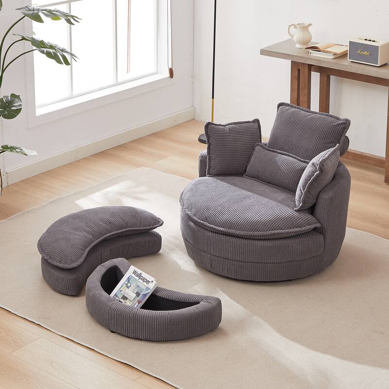38"W Oversized Swivel Chair with Storage Ottoman, Grey Corduroy, 4 Pillows - Multi-Color