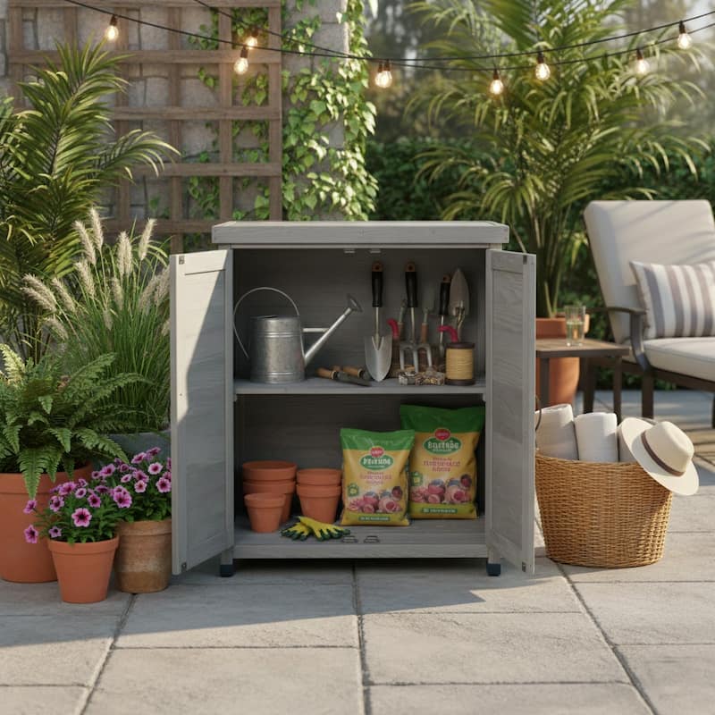 Potting Bench with Storage Cabinet and Metal Table Top for Outdoor Patio,Outdoor Work Station Table