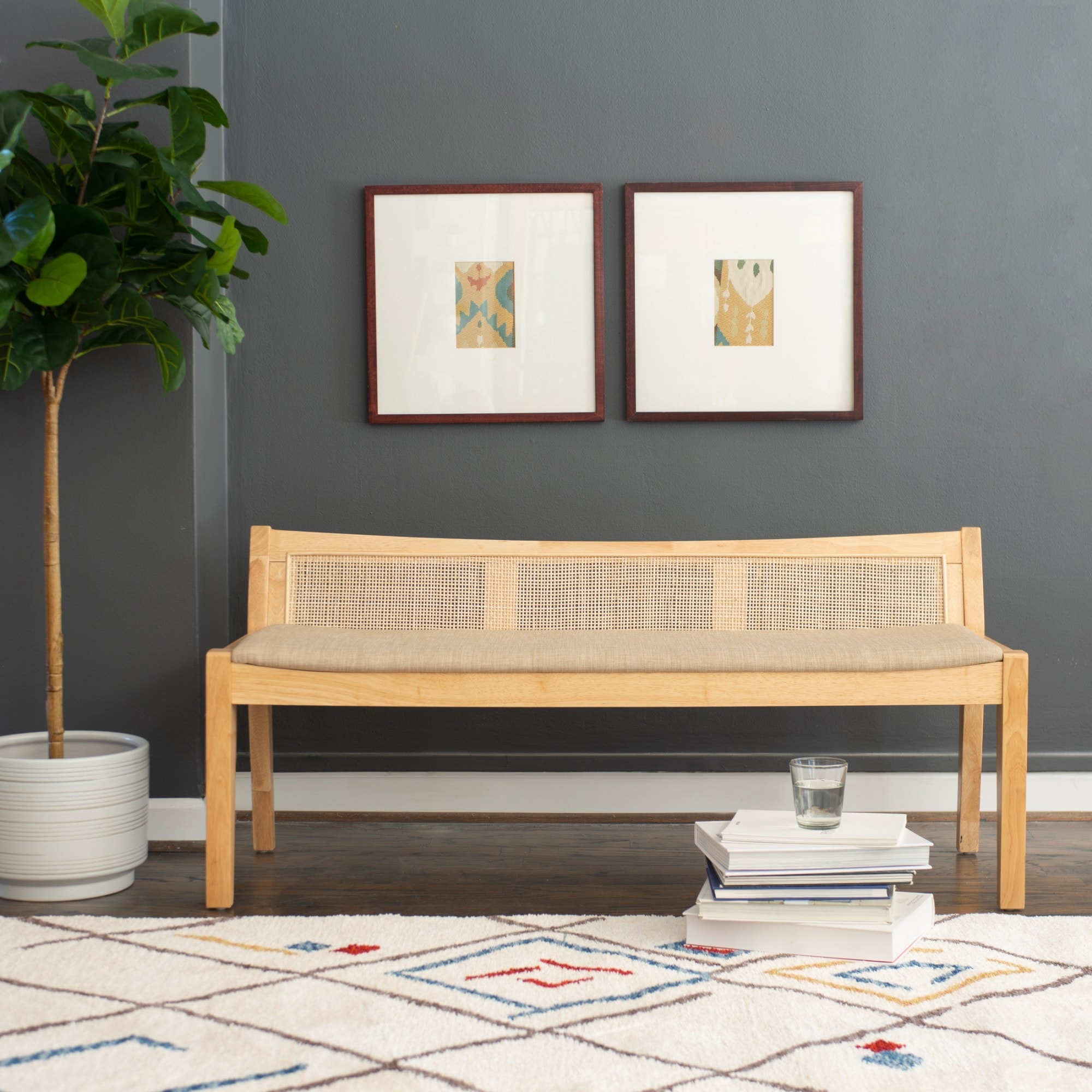 Framed Woven Rattan Cane Bench - 52.5" - Beige