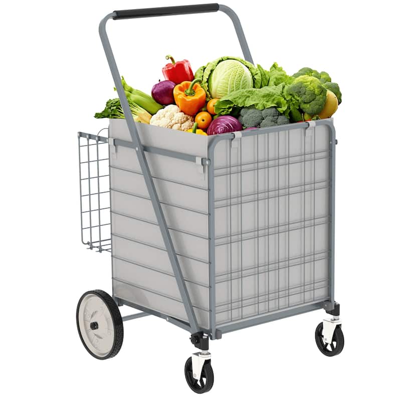 Foldable Grocery Shopping Cart with Double Basket and 360 Rolling Swivel Wheels