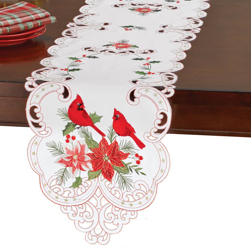 Embroidered Cardinal and Poinsettia Table Linens