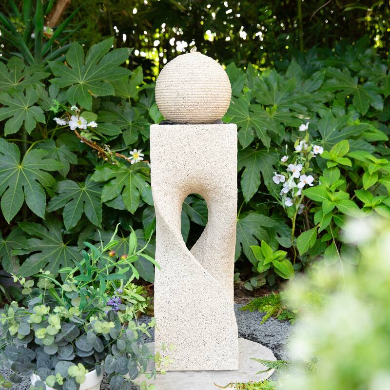 Glitzhome Modern Geometric Oversized Pedestal Sphere Polyresin Outdoor Floor Fountain with Pebbles