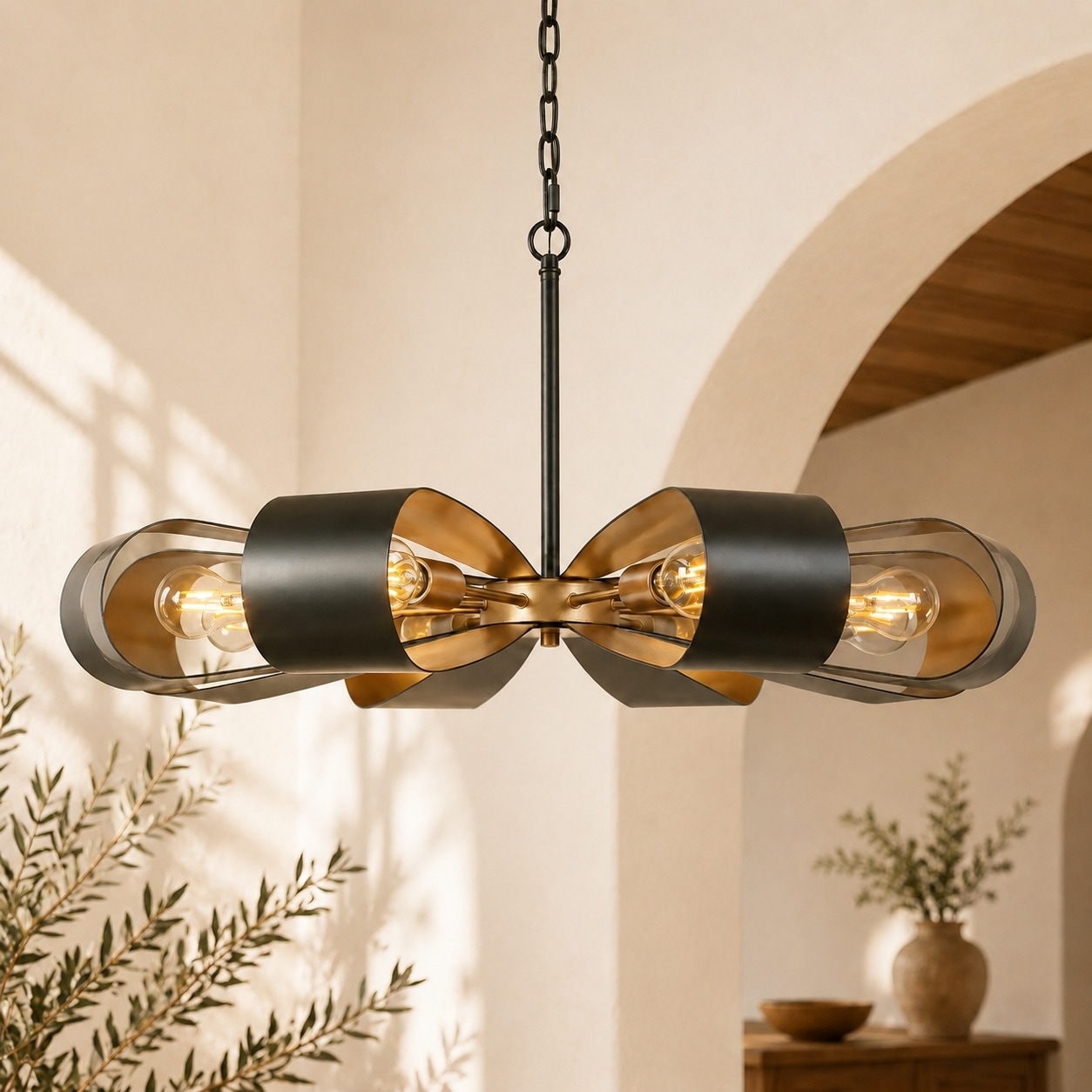 Modern Industrial 8-Light Chandelier Black Gold Floral Pendant Light for Living Room and Dining Room - 32.6 