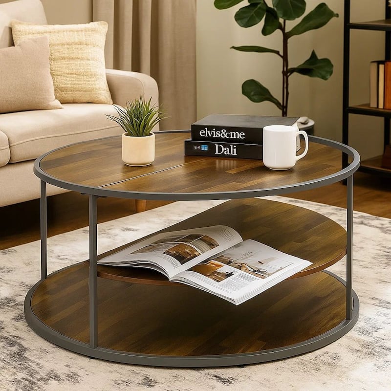 Lenn 35 Inch 3 Tier Round Brown Coffee Table, Half Shelf Design, Gray Frame