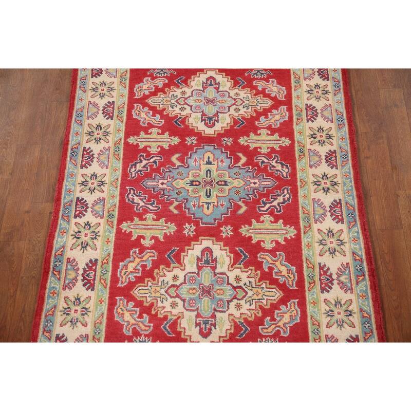 Geometric Red Kazak Accent Rug Handmade Wool Carpet - 3'4"x 5'1"