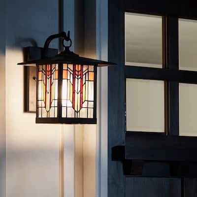 River of Goods Red Stained Glass and Oil Rubbed Bronze 1-Light Outdoor Lantern Wall Sconce - 10.75" x 9" x 11.75"