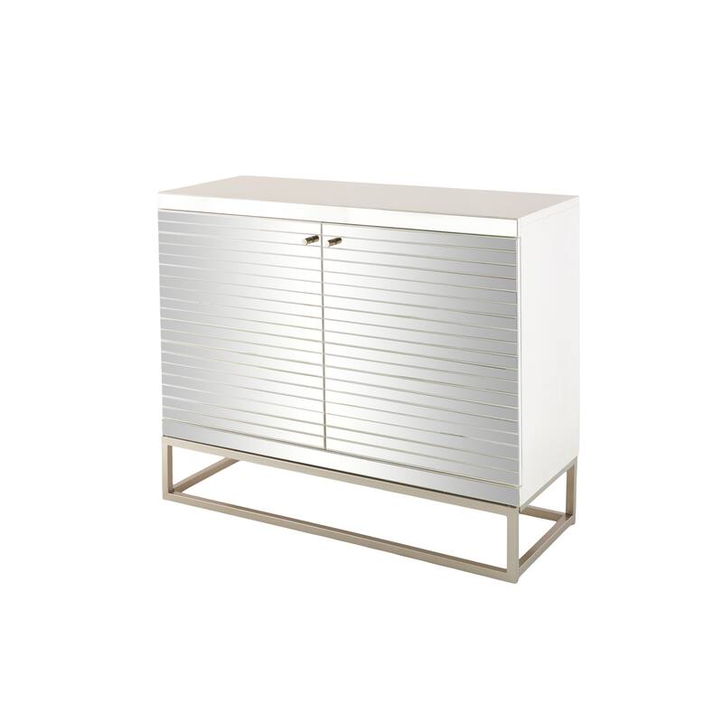 Glass 2 Door Cabinet with Linear Striped Panels and Gray Iron Base - Silver - Roche River Decor - 18"W x 47"L x 38"H