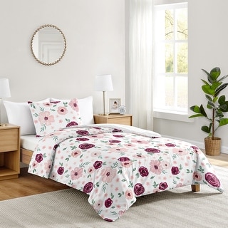 Burgundy and Pink Watercolor Floral Girl 2pc Twin Comforter Set - Blush Maroon Wine Rose Green Shabby Chic Flower Farmhouse