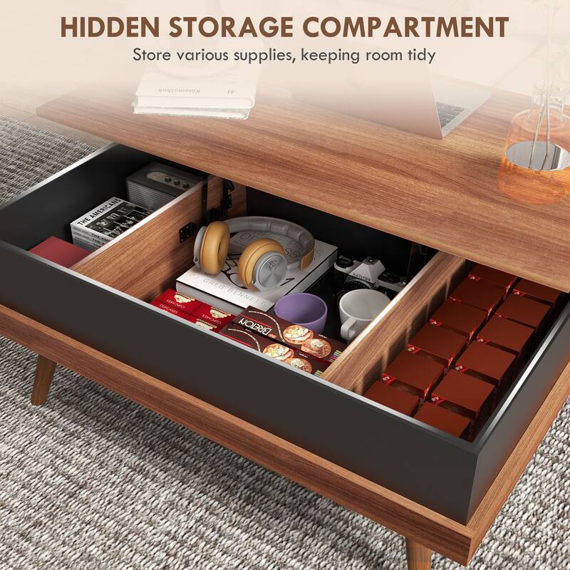 Lift Top Coffee Table with Hidden Compartments and Wood Legs