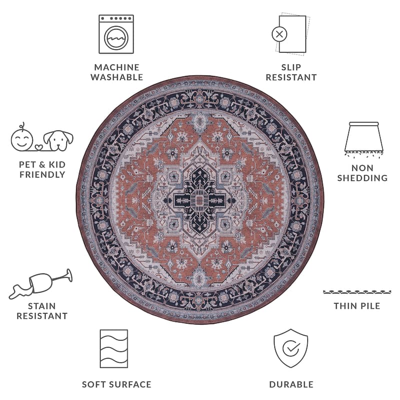 SAFAVIEH Tucson Machine Washable Slip Resistant Emmer Traditional Rug - 6' Round - Rust/Navy