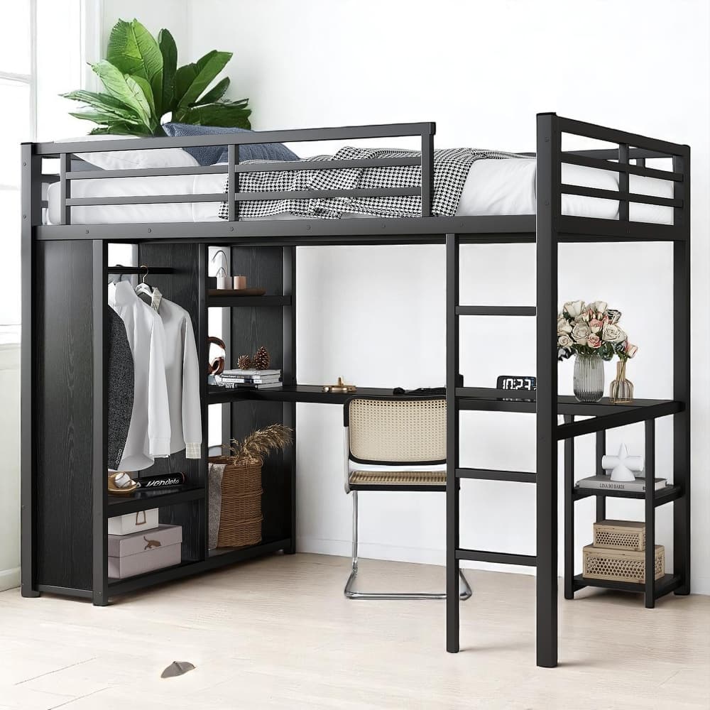 Space-Saving Twin XL/Full/Queen Size Loft Bed with Desk, Wardrobe & Storage, Metal Frame with Guardrails