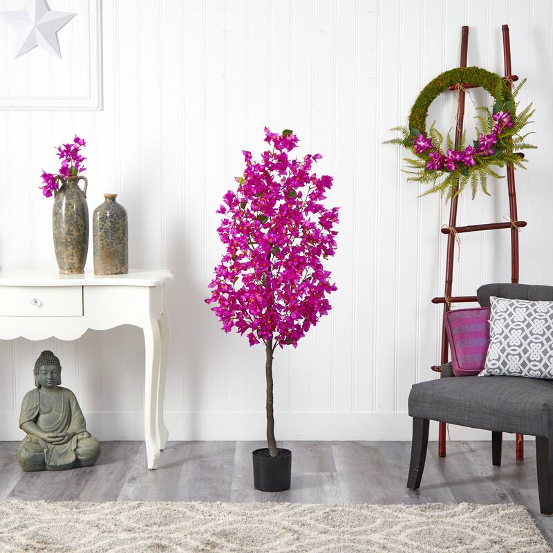 5' Purple Bougainvillea Artificial Potted Tree with Black Pot