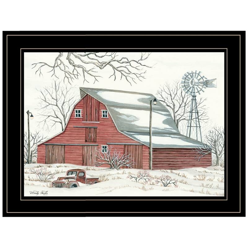 TrendyDecor4U Farmhouse "Winter Barn with Pickup Truck" Framed Print Wall Art by Cindy Jacobs