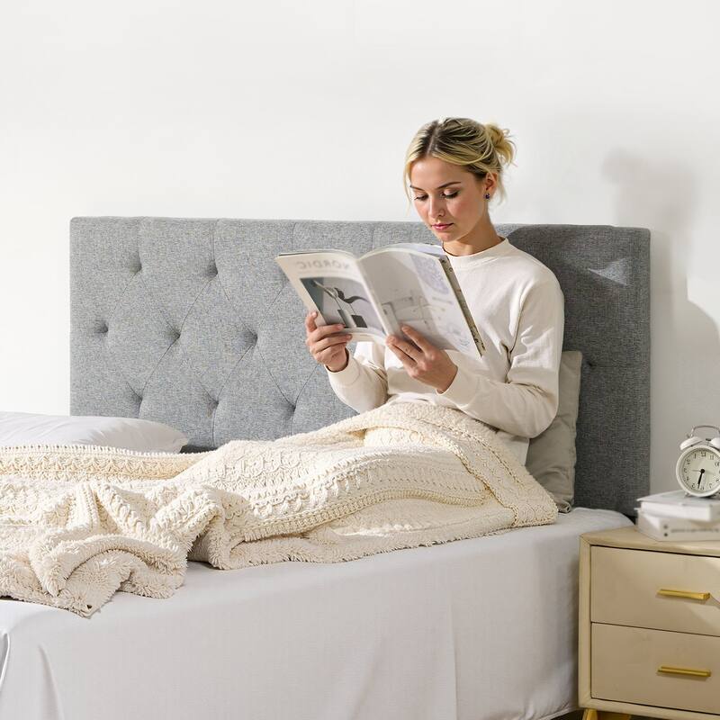 Light Grey Linen Fabric Diamond Tufted Full Size Headboard with Adjustable Height and Steel Frame