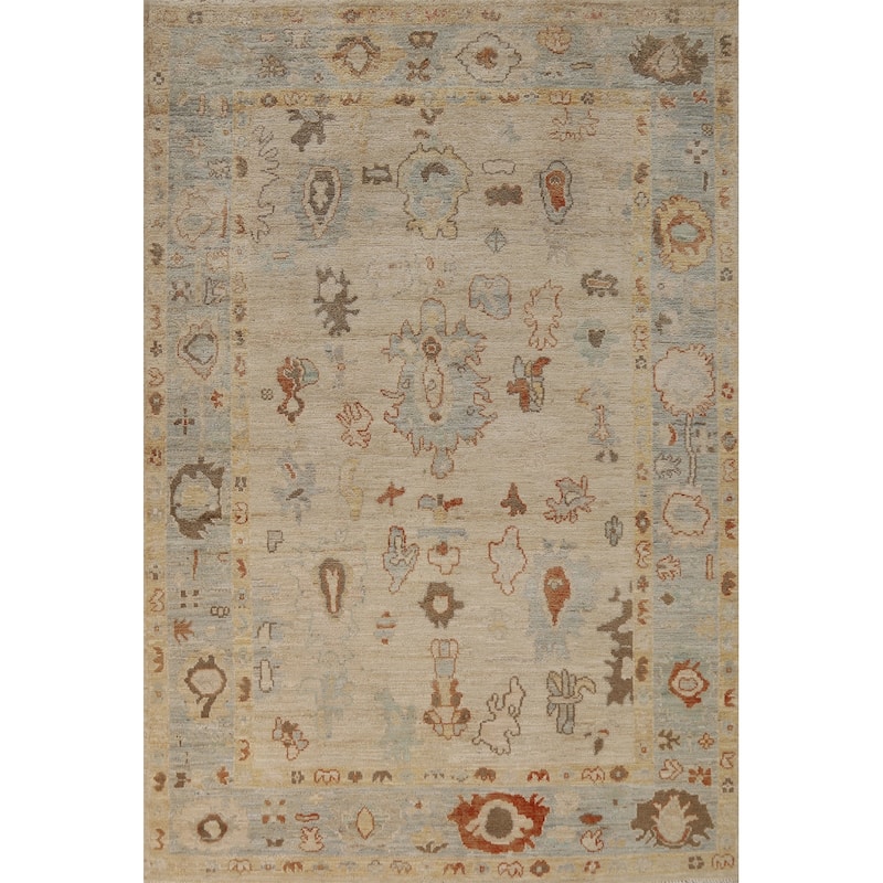 Vegetable Dye Oushak Turkish Rug Handmade Beige Wool Carpet - 5'0"x 7'7"