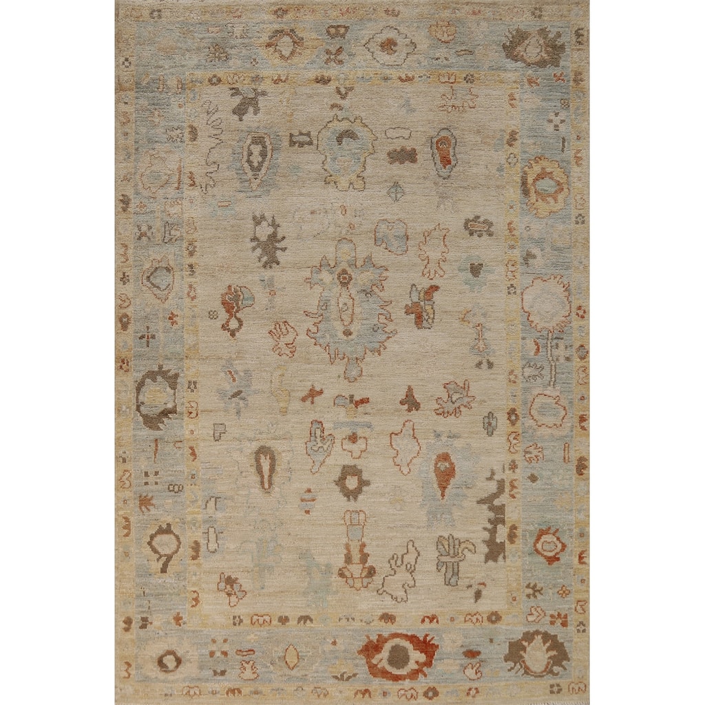 Vegetable Dye Oushak Turkish Rug Handmade Beige Wool Carpet - 5'0"x 7'7"