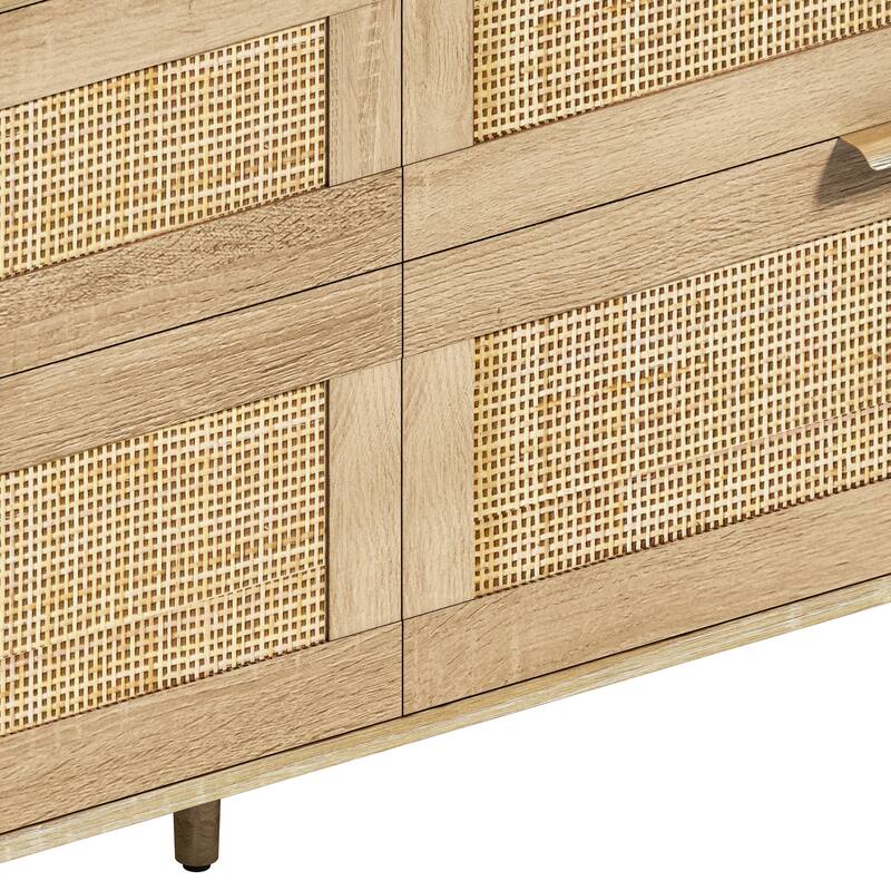 Rattan 6-Drawer Double Dresser with Metal Handle, Clothes Storage Cabinet for Bedroom