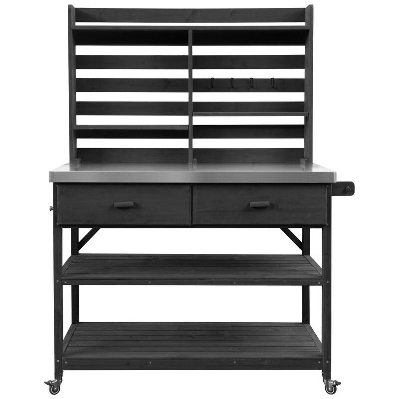 Outdoor Potting Bench Table with Lockable Wheels Solid Wood Kitchen Island and Stainless Steel Top