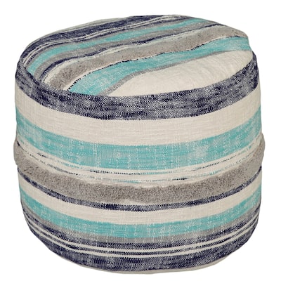 Blue Striped Pouf Ottoman with Cotton Upholstery and Removable Cover Ideal for Living Rooms