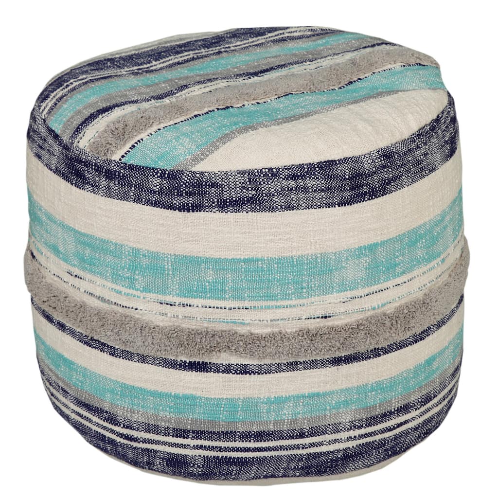 Blue Striped Pouf Ottoman with Cotton Upholstery and Removable Cover Ideal for Living Rooms