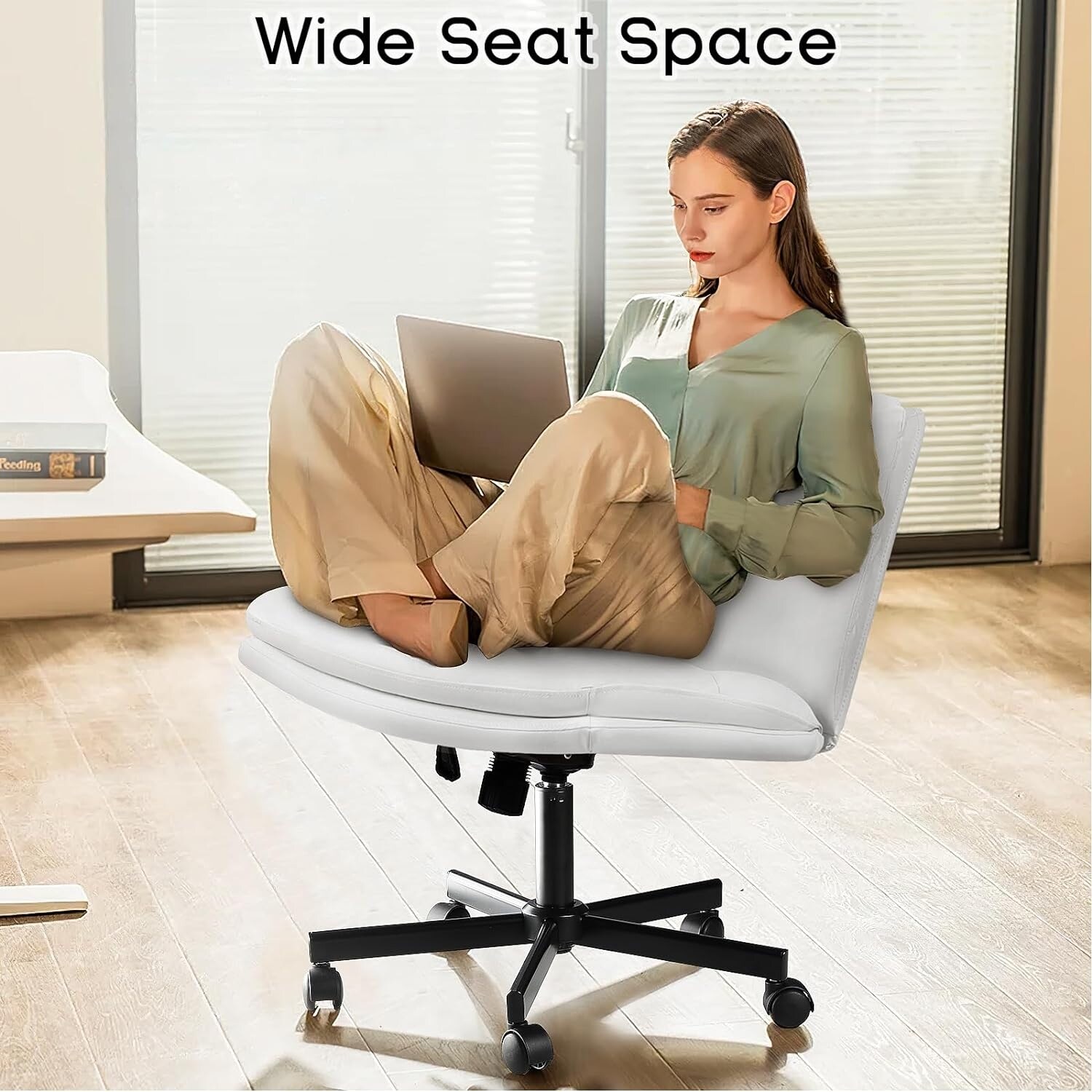 Bossin Criss Cross Chair with Wheels PU Leather Armless Cross Legged Office Adjustable Wide Seat Computer Task Vanity Chair Grey New