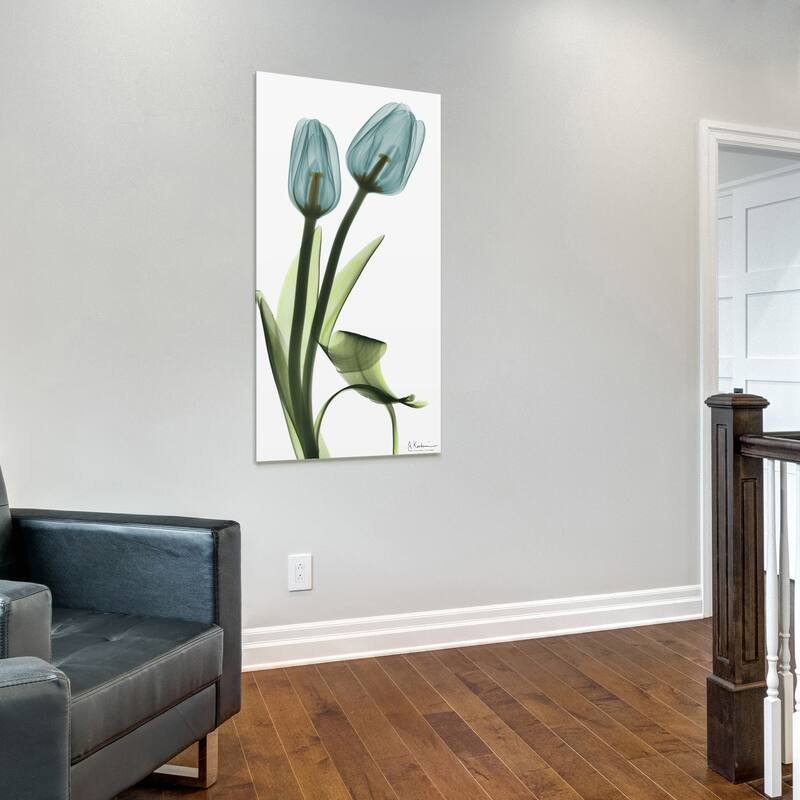 "Blue Tulips" Frameless Free Floating Tempered Glass Panel Graphic Wall Art