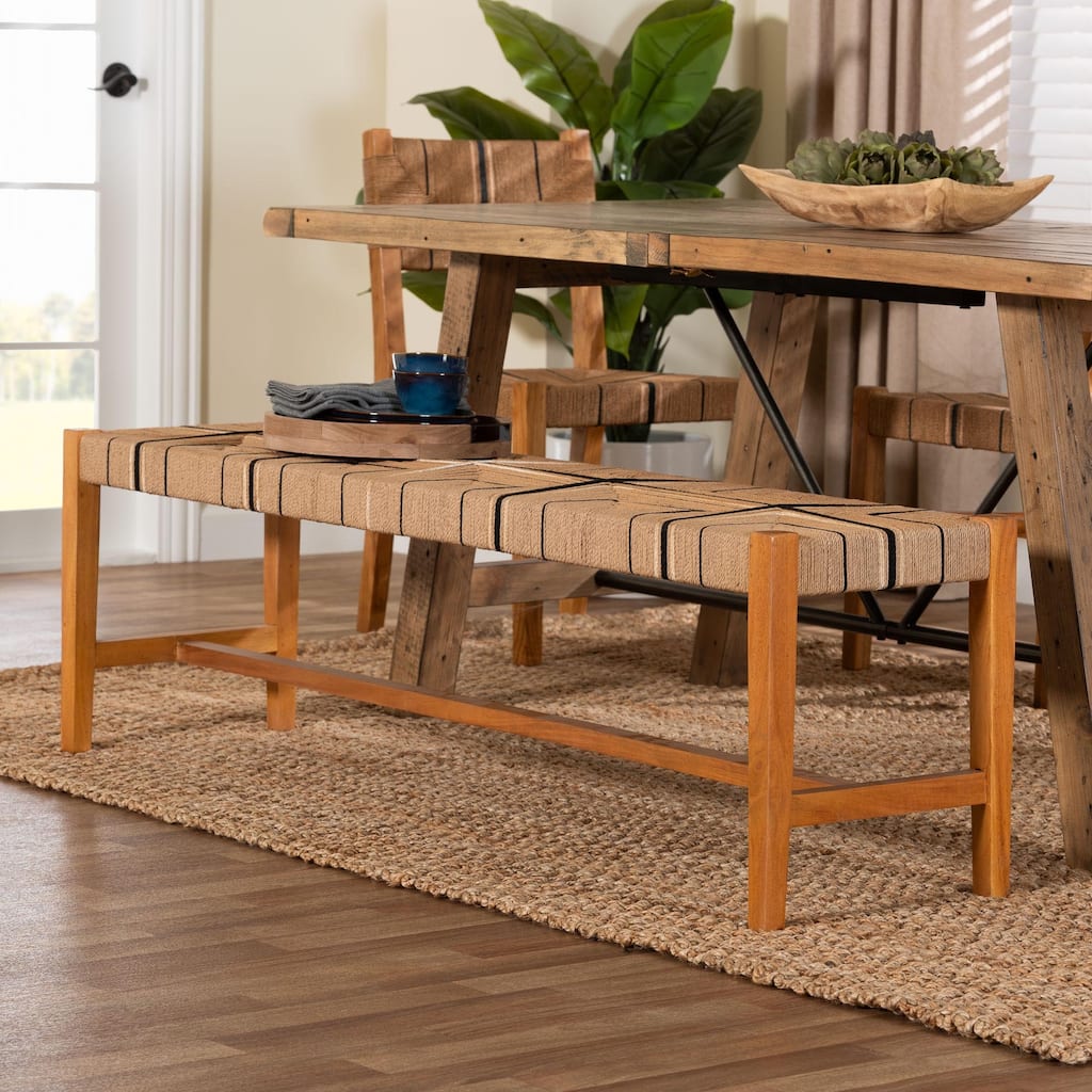 Prita Woven Paper Loom Bench with Mahogany Wood Frame - Handcrafted Accent Seating for Dining Room or Entryway