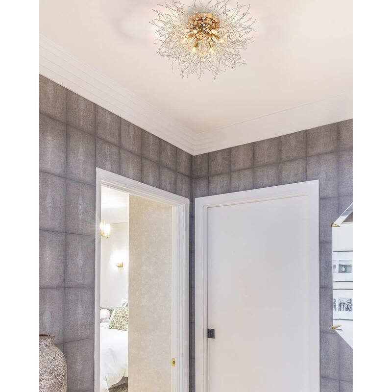 Crystal Flush Mount Ceiling Light, Modern Sputnik Firework Close to Ceiling Lamp, LED Ceiling Light Fixtures for Bedroom Kitchen