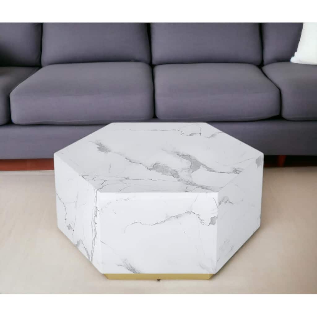 HomeRoots 35" White And Gold Faux Marble Hexagon Drum Coffee Table - 35' X '15.7' X '30.3
