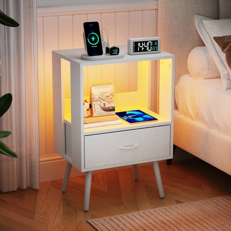 2 Pack Modern Nightstand with Charging Station, Bedside Tables with LED Light and Fabric Drawers
