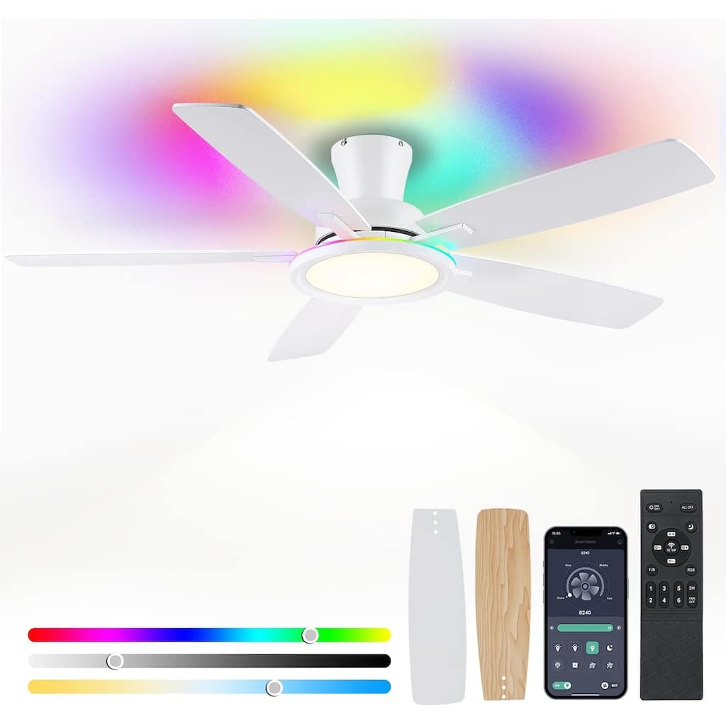 52" RGB Low Profile Ceiling Fan with LED Light,Remote and App Control for Bedroom Living Room - 52 Inches