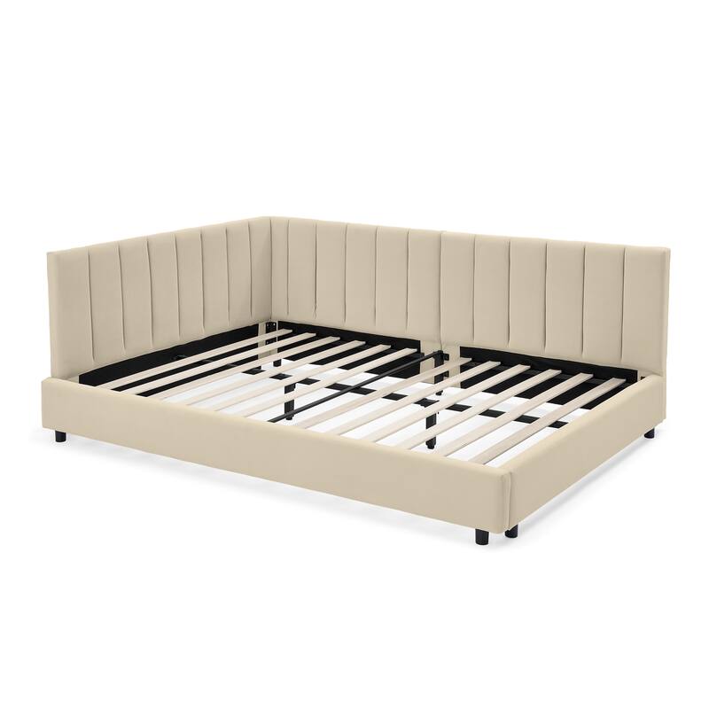 Full Size Upholstered Tufted Bed Frame with Backrest and Armrests, Velvet Beige, 81''x60''x29.5''