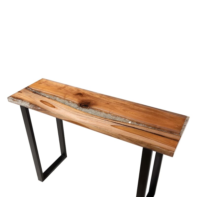 Apio Wood Epoxy Resin Console Table with Glass Inlay - Rectangular Live Edge Teak Wood Accent Table with Black Metal Base