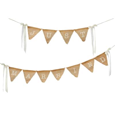 Mud Pie Wedding Decor Just Married Pennants Printed Burlap Banner 45 Inch - Brown