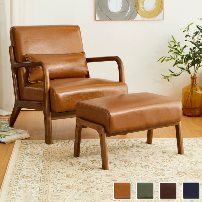 Glitzhome 30.75"H Mid-Century PU Leather Armchair with Ottoman Set
