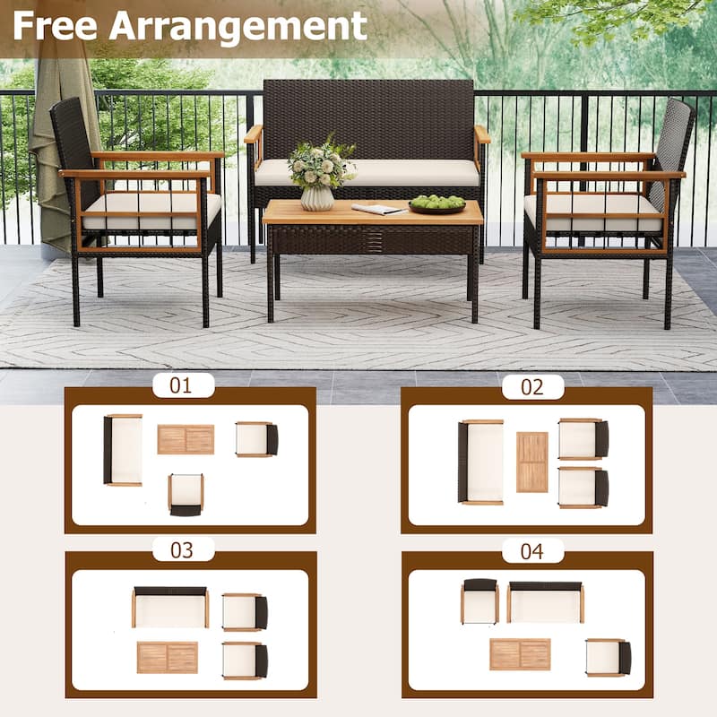 Gymax Set of 8 Wicker Furniture Set w/Acacia Wood Tabletop Armrests