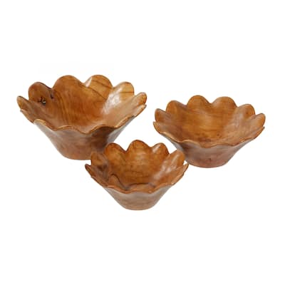 Teak Wood Floral Handmade Decorative Bowl - Set of 3 Brown - Roche River Decor