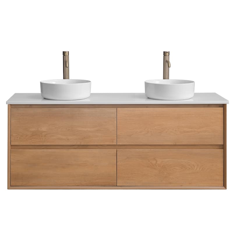 60" Floating Bathroom Vanity Quartz Counter Top with Double Ceramic Vessel Sink - Round Sink