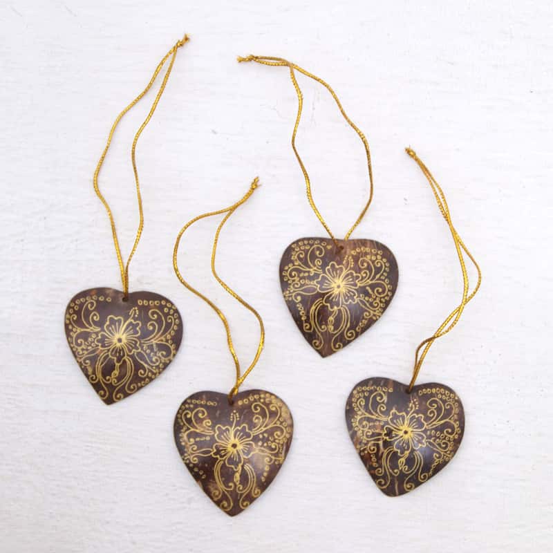 Novica Handmade With Our Hearts Coconut Shell Ornaments (Set Of 4)