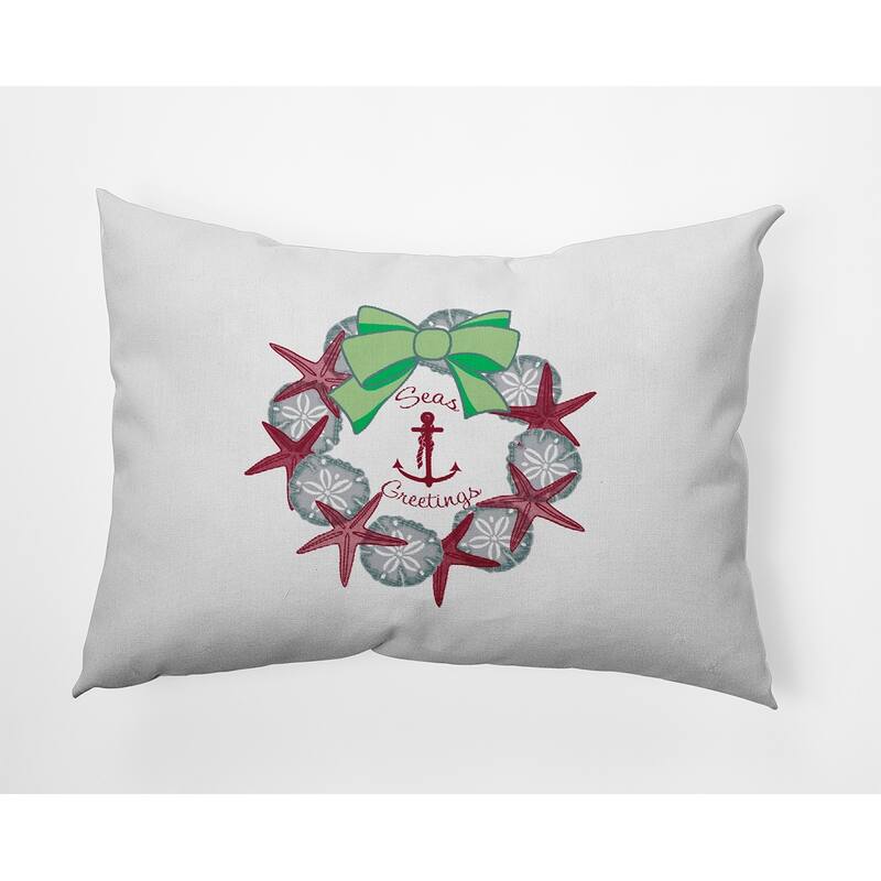 Seas and Greetings Wreath Beachy Christmas Accent Pillow - 14" x 20" - Maroon