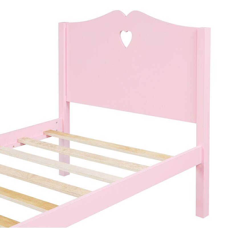 Pink Wood Twin Platform Bed with Headboard, Footboard, and Slat Support - Minimalist Design, Sturdy Pine Frame, 10 Slats