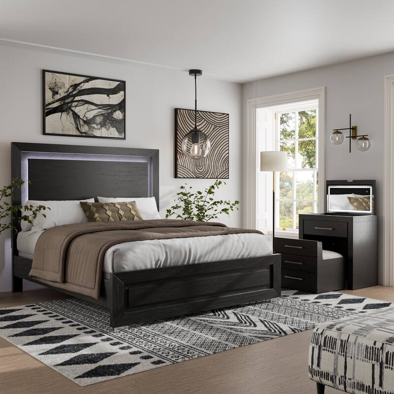 Furniture of America Alaric Modern Black Solid Wood 2-Piece Bedroom Set with 32-inch Makeup Vanity