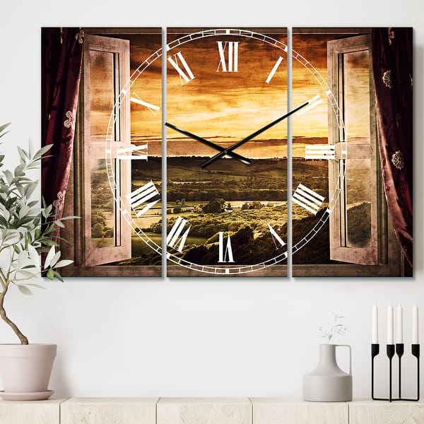 slide 2 of 6, Designart 'Open Window to Rural Landscape' Cottage 3 Panels Oversized Wall CLock - 36 in. wide x 28 in. high - 3 panels