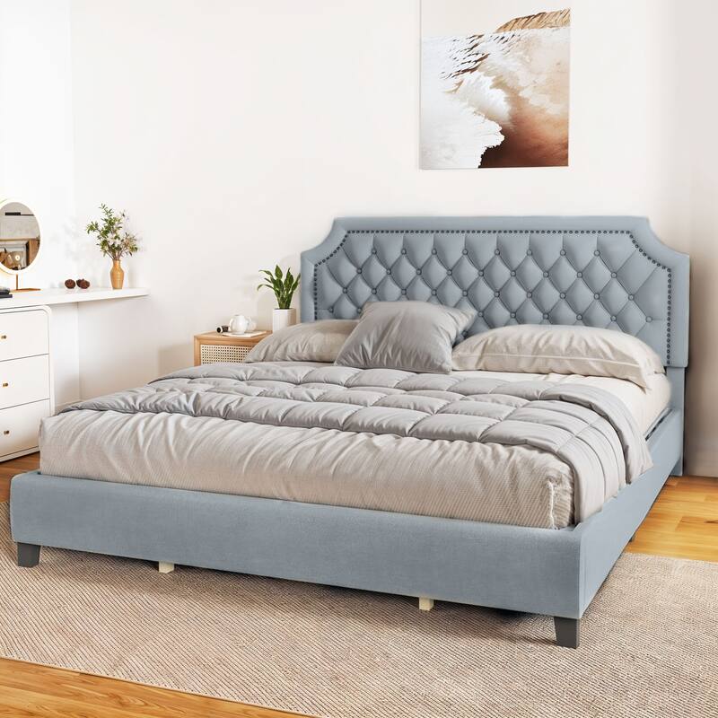 Moasis Upholstered Tufted Bed Frame with Adjustable Height Headboard