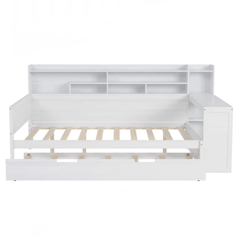 Wooden Full Size Daybed with Storage Shelves, Multi-functional Bed with Twin Size Trundle Bed