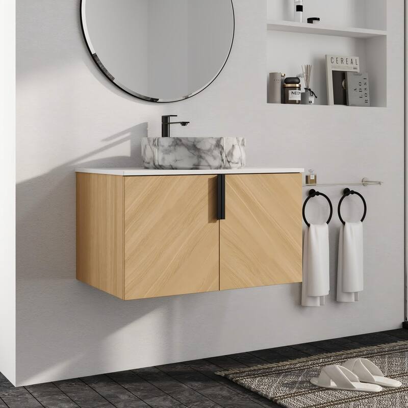 Malwee 30"/36" Floating Bathroom Vanity, Wall Mounted Bathroom Vanity with Ceramic Sink and Soft Close Door