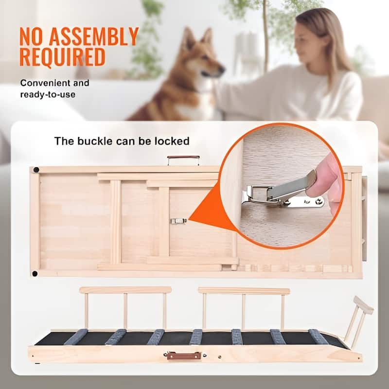 Natural-Black Wood Dog Ramp with Non-Slip Rubber and Adjustable Height