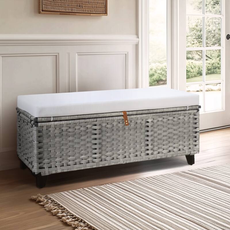 Wicker Storage Bench with Cushion for Bedroom, Living Room, Porch - 18.5'' H X 43.3'' W X 18.5'' D