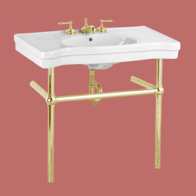 Belle Epoque White Bathroom Console Sink with Brass Bistro Legs and Widespread Faucet Holes